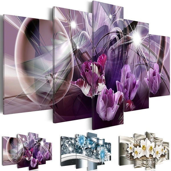 Unframed 5 Panels Abstract Flowers Painting Purple Flower Oil Pictures Living Room Decoracion Paintings 5 Piece Canvas Wall Art No Frame (Un