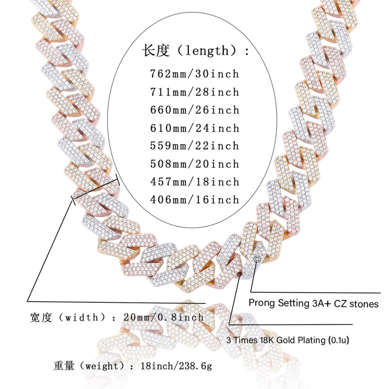 13mm 20mm Gold Bling Diamond Cuban Link Chain Necklace Choker for Men Iced Out 2 Tone Pink 5A CZ Cubic Zirconia Curb Chains Miami Hip Hop Rapper Jewel
