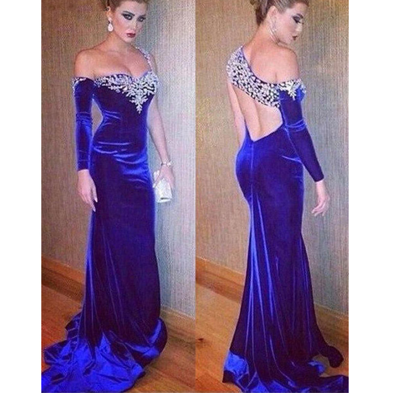 Royal Blue Mermaid Evening Dresses Long Backless Beaded Velvet Prom Dresses Formal Party Gowns Robe De Soiree Cheap