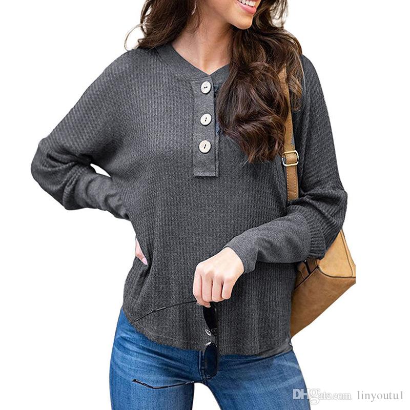 hot sale Women Autumn Blouse Waffle Button Up Front Oversize Loose Knit Blouse Shirt Tops Women Blusas 2019 Fall New
