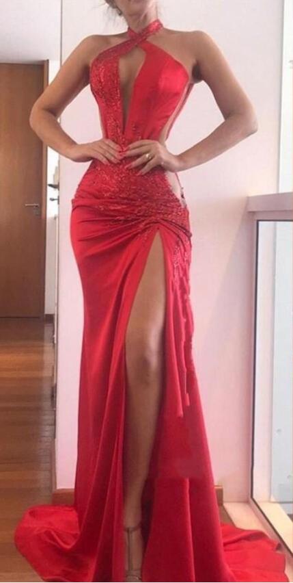 2019 Latest Prom Dresses Halter Neck Sexy High Side Split Sleeveless Satin Mermaid Evening Gowns Sweep Train Special Ocn Dress