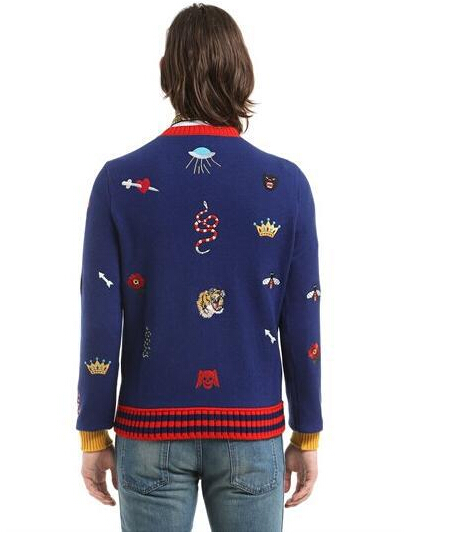 Fashion-Autumn Men's Sweater Bee Tiger Snake Pattern Embroidery Cashmere Material Fashion Sweaters Dark Gray And Blue Two Colors