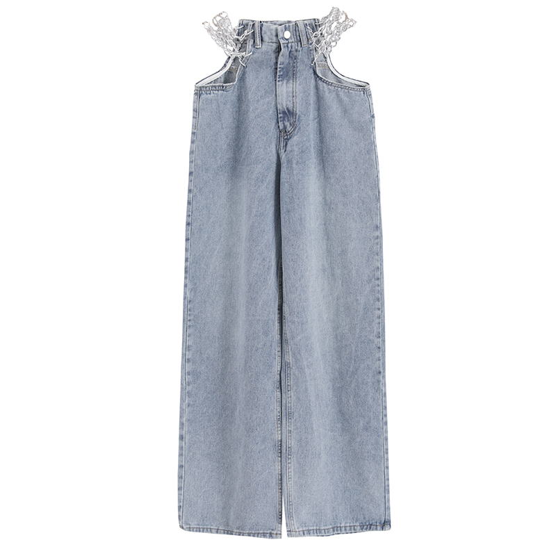 New fashion womens sexy high waist chains patchwork denim jeans hollow out wide leg loose long pants trousers S M L