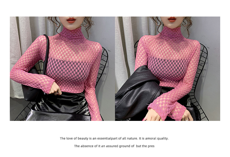 New womens sexy turtleneck long sleeve perspective gauze lace spring autumn t-shirt tops SML