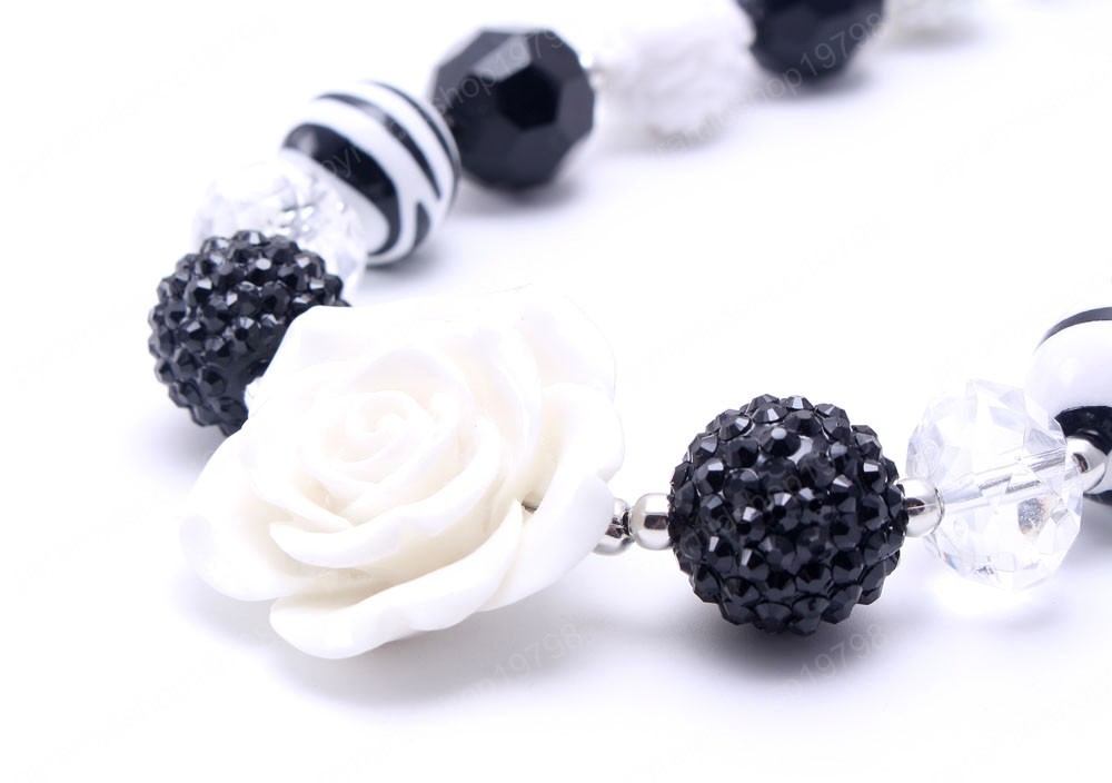 Kids Girls Chunky Beads Necklace Bracelets Cute White Rose Flower Child Baby Chunky Beads Jewelry Set For Party New