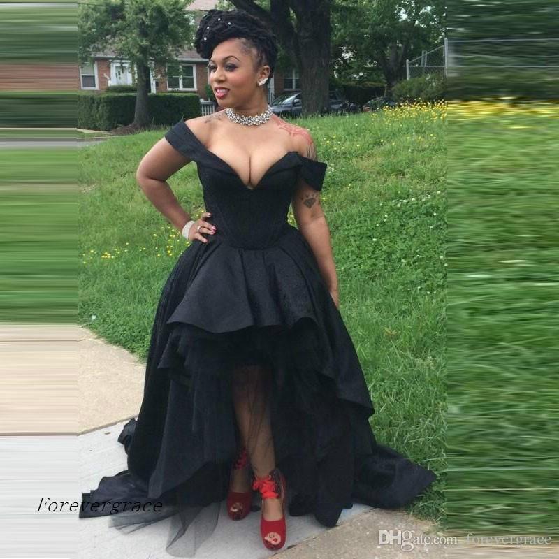 2019 Dubai Sexy High Low Black Girls Prom Dress Cheap Off Shoulder Formal Holidays Wear Graduation Evening Party Gown Custom Made Plus Size