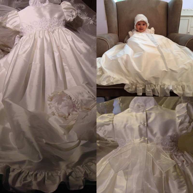 Hot Sale 2019 Lace Christening Gowns For Baby Girls Short Sleeve Applique Baptism Dresses Flower Girls Dress For Weddings With Bonnet