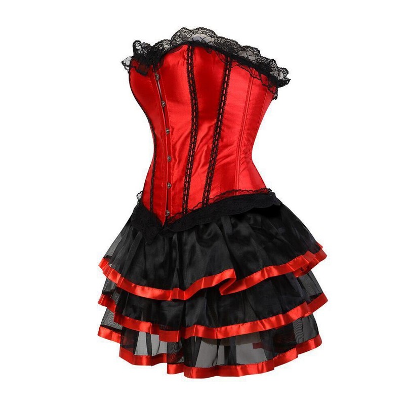 Women Burlesque Corset Skirt Set of Ruffle Lace Trim Overbust Corset with Tiered Mini Skirt Plus Size S-6XL Cosplay Costume Dress Outfit