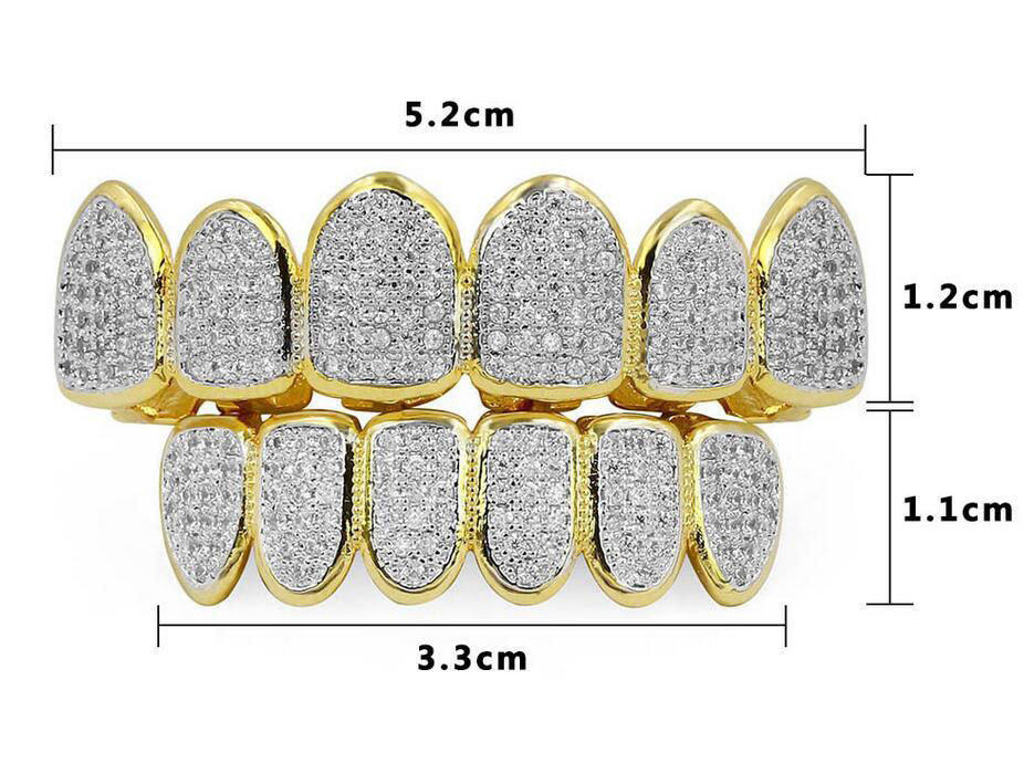 Ice Out Teeth Grillz For Men Bling Bling Cubic Zirconia Hiphop Jewelry 18K Gold Plated Halloween Vampire Grillz Free Ship