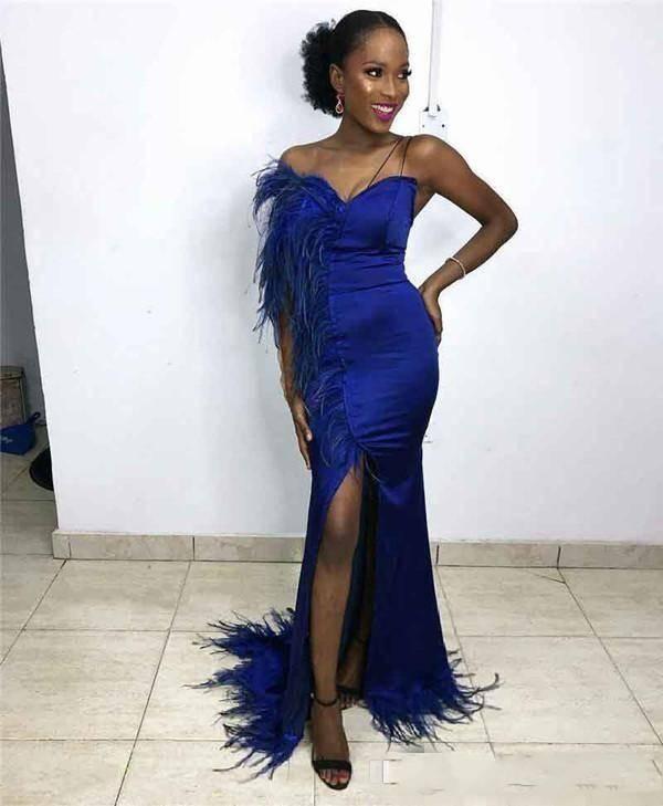 Royal Blue African Prom Dresses Sexy Sweetheart Feathers Elegant Evening Dresses with Side Split Formal Party Gowns vestido de fiesta