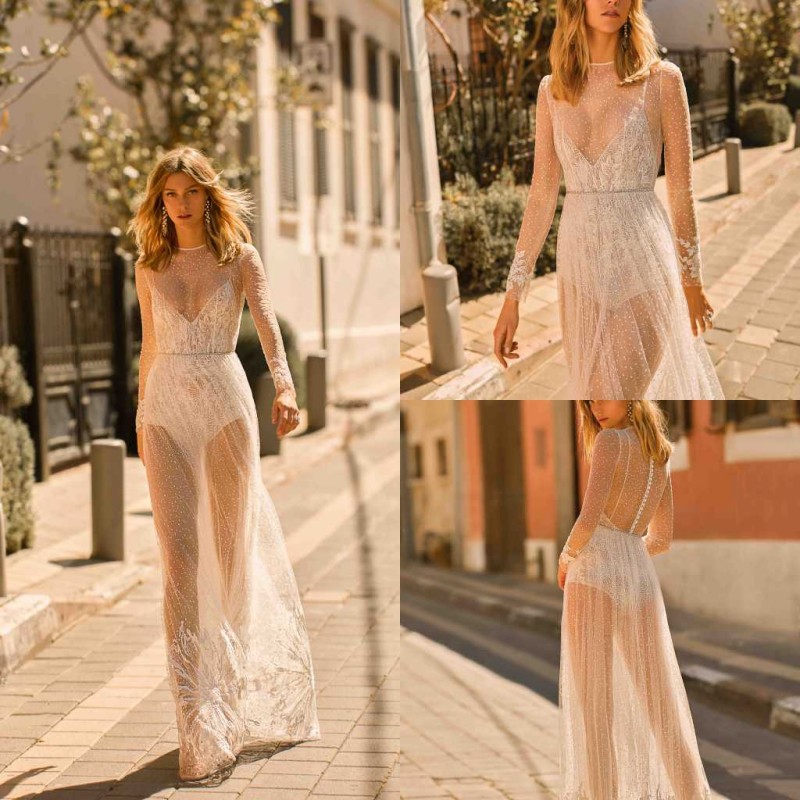 Muse Illusion Beach Dresses Sexy Sheer Jewel Neck Long Sleeve Plus Size Bridal Gowns A e Tulle Wedding Dress