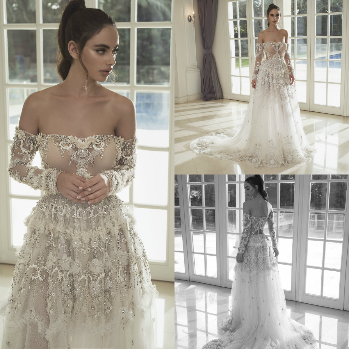 Idan Cohen Lace Wedding Dresses Off The Shoulder A Line Sweep Train Bohemian Wedding Dress Custom Made 3D Floral Appliqued Bead Bridal Gowns