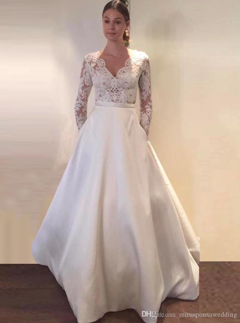 Lace Modest V-Neck Satin Dresses A-Line Long Sleeves Sweep Train Covered Button Bridal Gowns Wedding Dress Vestidos