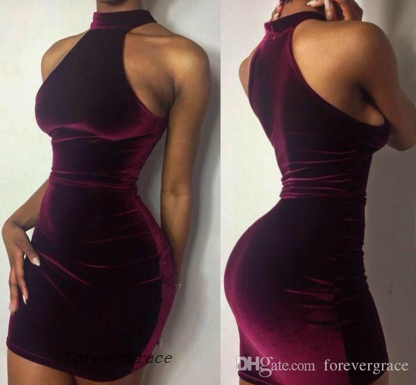 2019 Hot Velvet Grape Short Mini Cocktail Dress Africans Cheap Sheath High Neck Holiday Club Homecoming Party Dress Plus Size Custom Make
