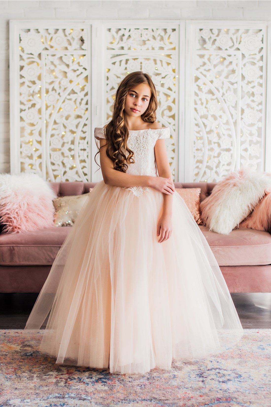 Lovely Ball Gown Flower Girl Off Shoulder Short Sleeve Tulle Lace Applique Ruched Wedding Dress Ankle Length Girl's Birthday Part 0431