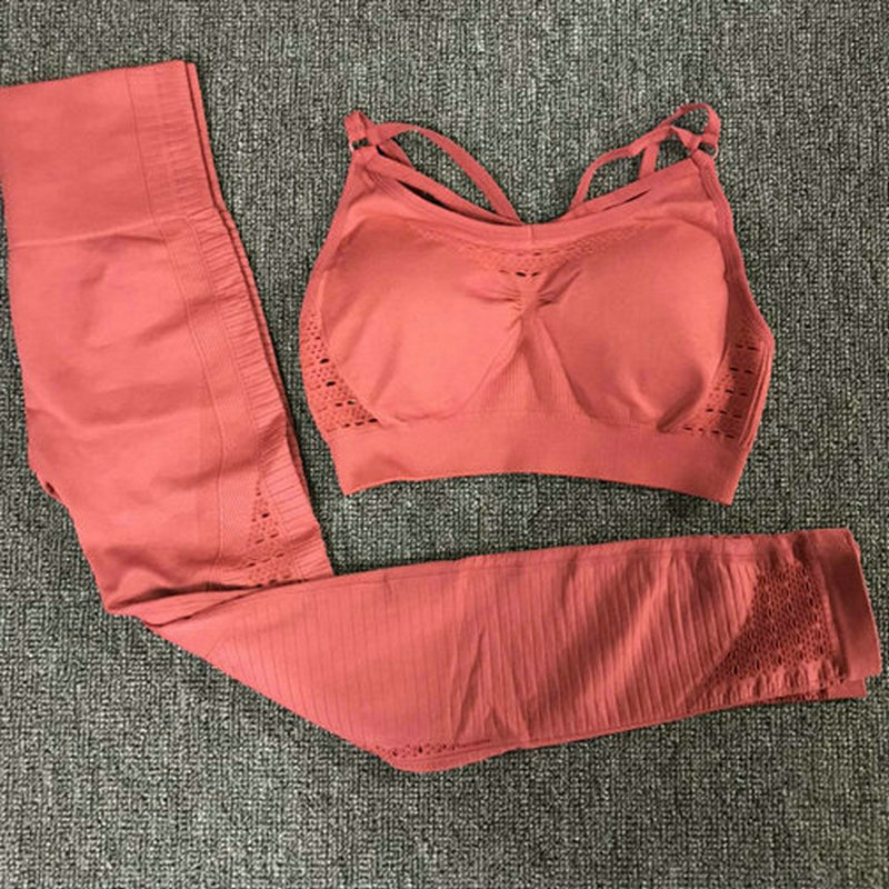 2PCS Sports Suits Seamless Yoga Set Padded Push-up Strappy Sports Bra Women Fitness Clothing Woman Gym Leggings Workout Pants T200411