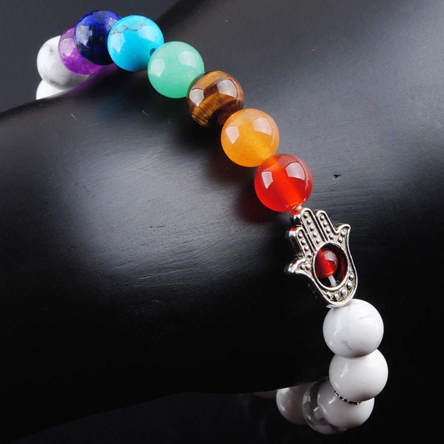 WOJIAER 8mm Natural White Turquoise Stone Round Beads Palm Strands Bracelets 7 Chakra Healing Mala Meditation Prayer Yoga Women Jewelry K3257