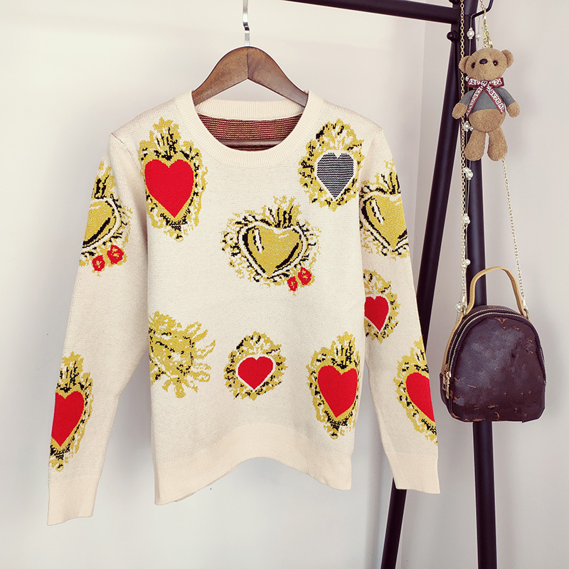 2019 Autumn Sweater Women Winter Heart Pattern Printed Knitwear Pullover Loose Jumper Vintag Warm Office Lady Knitted Sweater V191130