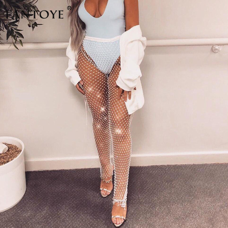Fantoye Crystal Diamond Mesh Pants Women Sexy Summer Hollow Out Transparent Loose Long Fishnet Pants 2019 New BeachWear Trousers T200103