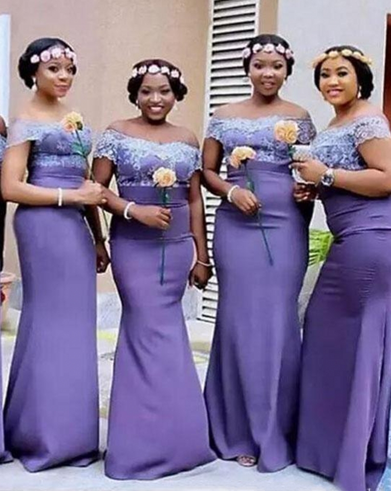 African Nigerian Style Lavender Purple Satin Mermaid Bridesmaid Dresses Long Off Shoulder Lace Maid Of Honor Gowns