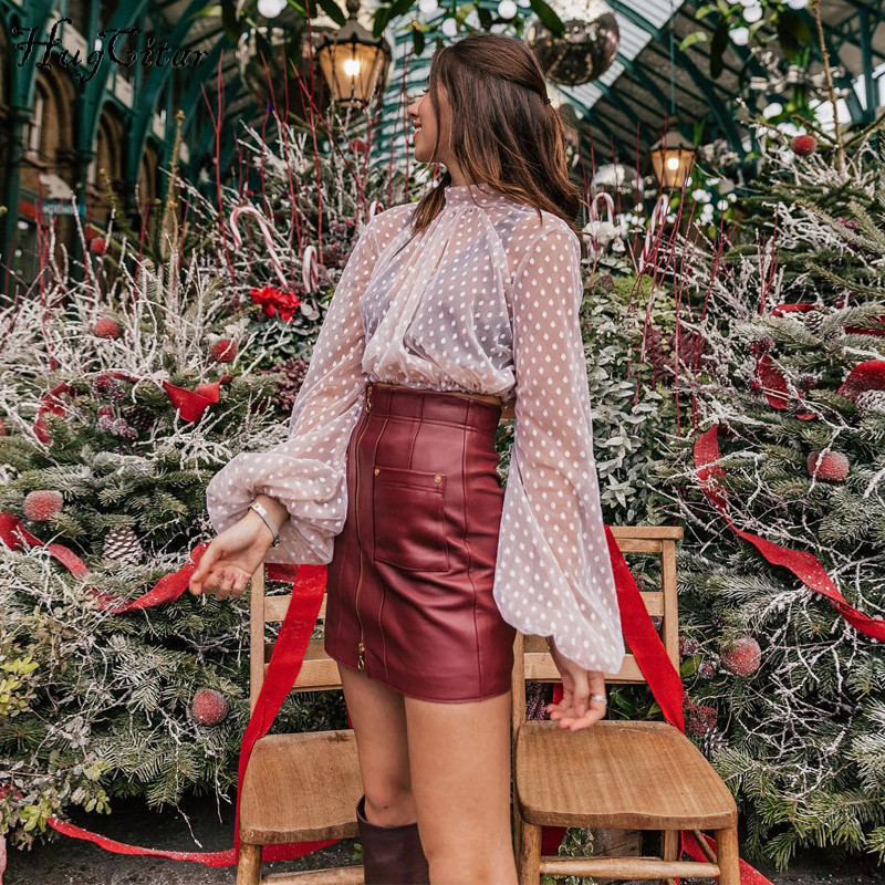 Hugcitar Dots Mesh See-through Lantern Long Sleeve Sexy Crop Tops High Neck 2019 Women Fashion Streetwear Casual Party T-shirts Y19051301