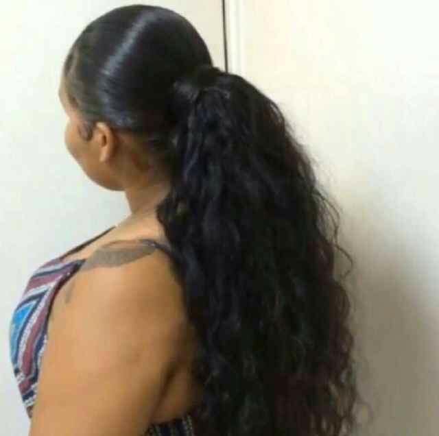 140g Long Drawstring Ponytail Human Corn Wave Black Ponytail Extension Hairpiece Long Wavy Clip on Ponytail for Women black 1b