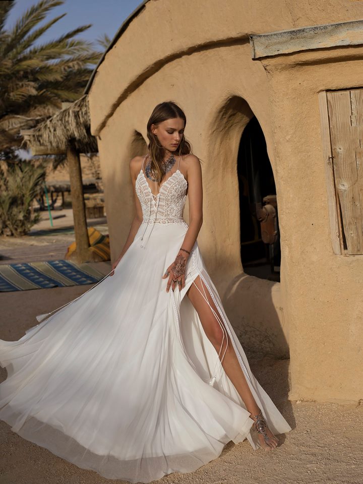 custom made summer boho wedding dresses asaf dadush spaghetti lace thigh high slits bridal gowns with wrap chiffon beach wedding dress