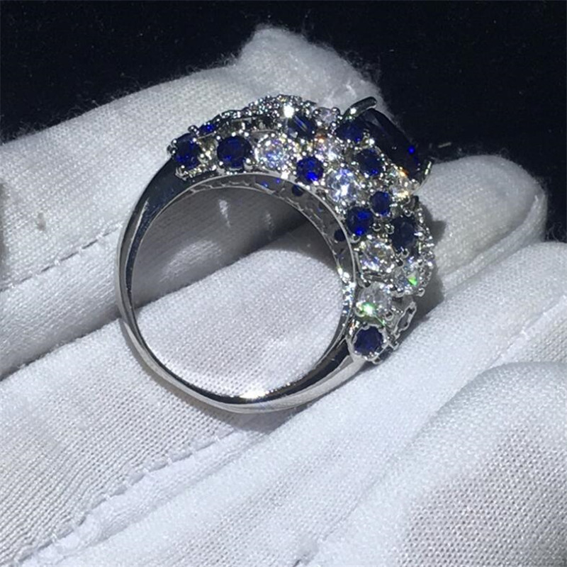 Sterg Sier Cushion Shape Blue Sapphire CZ Dia Gemstones Women's Wedding Band Ring