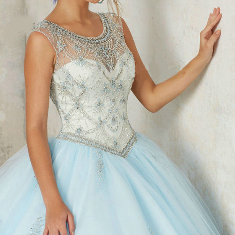 Rubydress Hot Sale Sexy Blue Quinceanera Dresses Ball Gowns Long Blue Tulle Appliques Beaded Sweet 16 Dress