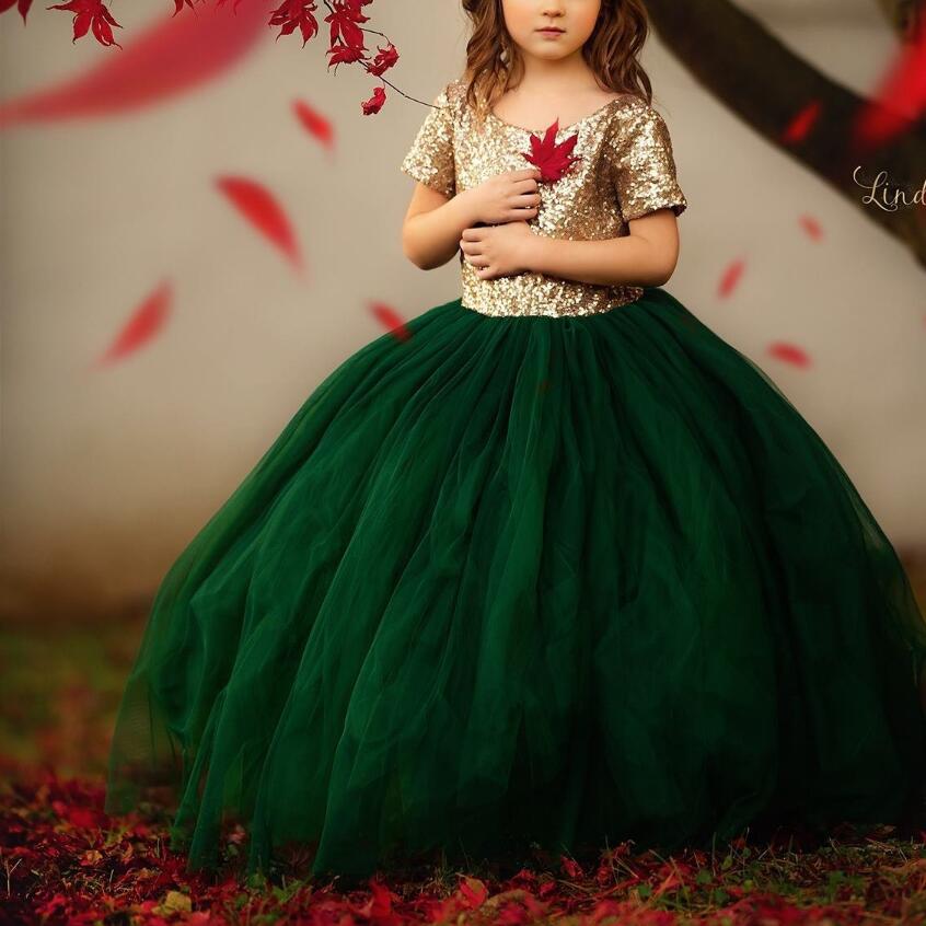 Girl's Pageant Dresses Forset Green 2019 Toddler Rose Gold Sequins Bodice Kids Ball Gown Glitz Flower Girl Dress Wedding Party Birthday