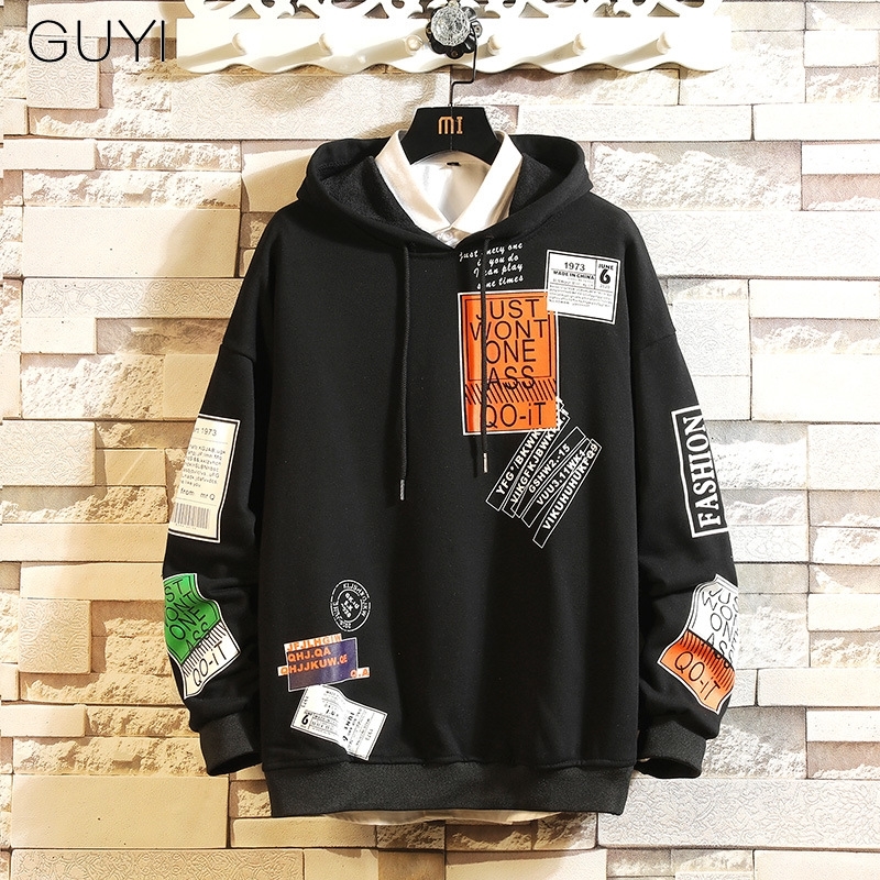 GUYI Letter Printed Hooded Men Pullover Hoodies Sweatshirts Male Harajuku Hip Hop Hipster Streetwear White Hoodie Off Tops 2019 T200116