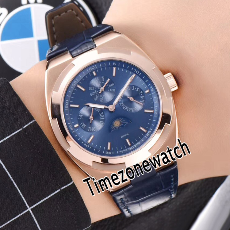 

Overseas Ultra Thin Perpetual Calendar 4300V/000R-B509 Automatic Mens Watch Rose Gold Blue Dial Moon Phase Leather Timezonewatch E40b2, Customized waterproof service