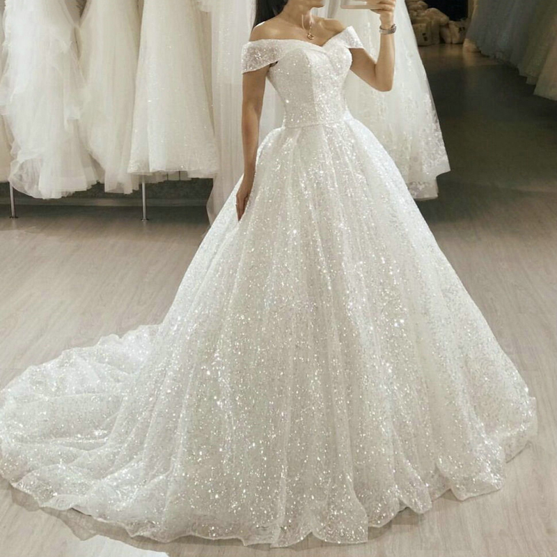 Custom Off Shoulder Sequins Ball Gown Wedding Dresses Cap Sleeves Court Train Lace Up Back Bling Bling Wedding Bridal Gowns, White
Custom Off Shoulder Sequins Ball Gown Wedding Dresses Cap Sleeves Court Train Lace Up Back Bling Bling Wedding Bridal Gowns, White