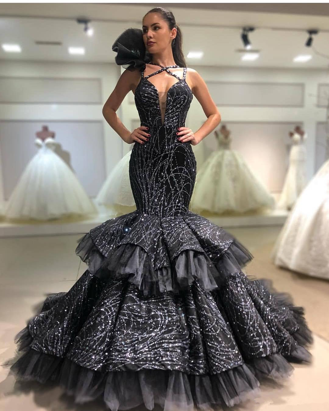 sparkly beaded luxury mermaid prom dresses cross sweetheart backless tiered black evening dress gorgeous celebrity red carpet dresses