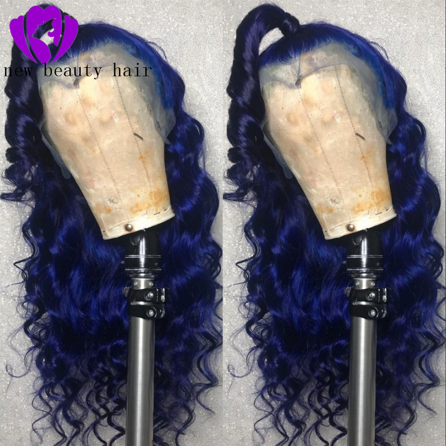 New party style Blue hair color brazilian full Lace Front Wig Long deep wave Synthetic Wigs For Women can be braided
