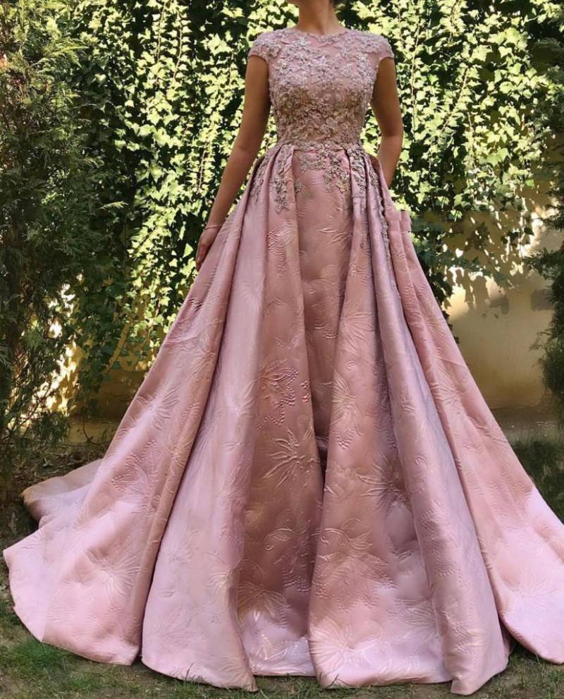 Modest A Line Evening Prom Dress Short Sleeve Jewel Neck Satin Party Dress Applique Pears Detachable tail robes de soirée