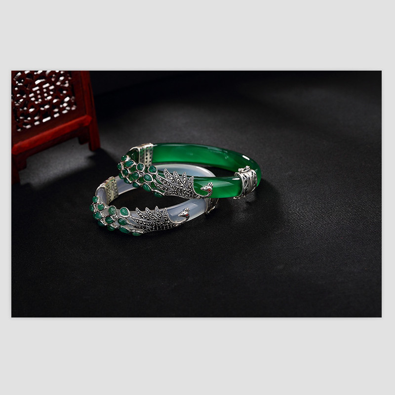 Uglyless Real 925 Sterling Silver Bangles for Women Thai Silver Animal Chalcedony Peacock Bangles Jade Creative Bracelet Jewelry CX200706