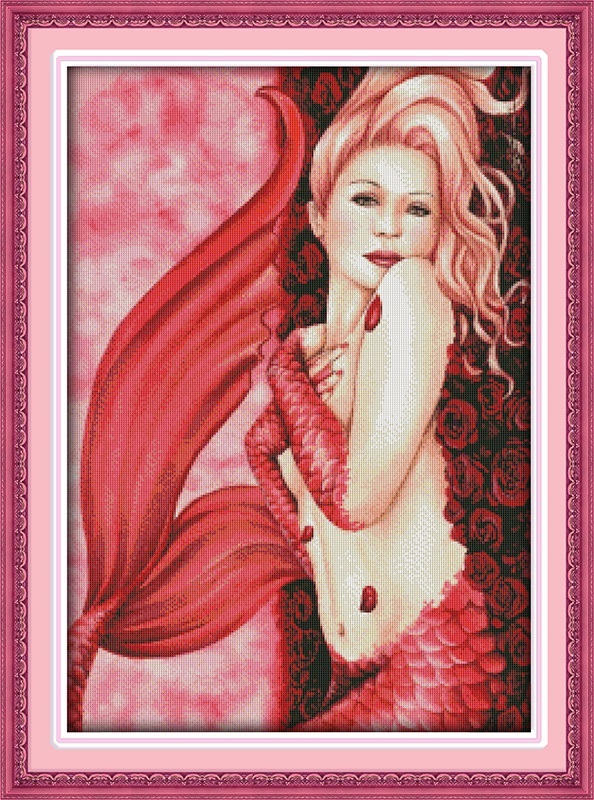 

Red mermaid home decor painting ,Handmade Cross Stitch Embroidery Needlework sets counted print on canvas DMC 14CT /11CT