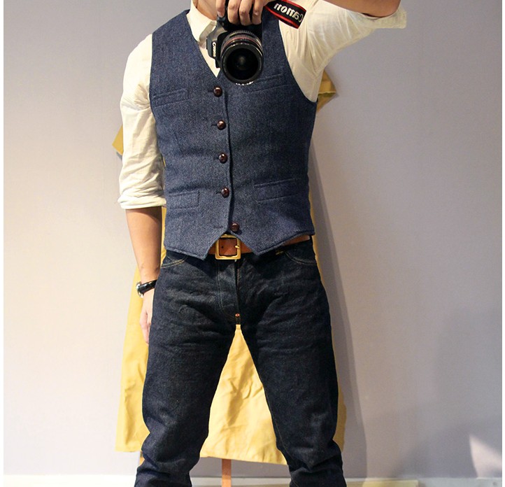 2020 Blue Groom Vests Attire For Wedding Bestmen Wool Herringbone Tweed Custom Made Slim Fit Mens Suit Vest Farm Prom Dress Waistcoat
