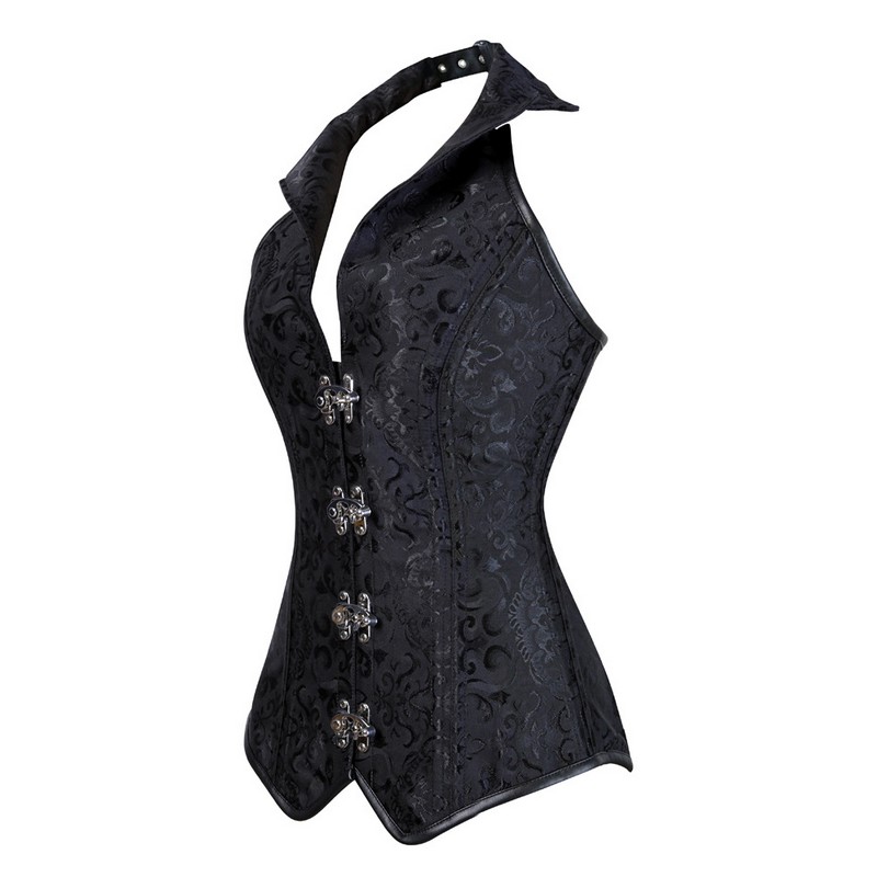 Women Jacquard Halterneck Overbust Corset Vest Plastic Boned Body Shaper Waist Cincher Slimming Corselet with Lapel Collar S-XXL Black Brown