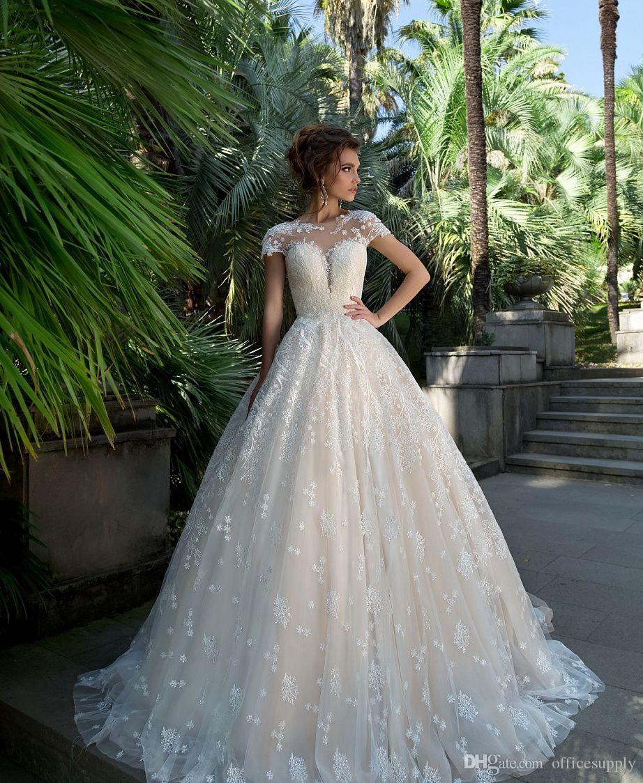 Elegant Appliques Newest Lace Wedding Dress A-Line Scoop Neck Cap Sleeve Beaded Vintage Sweep Train Bride Gowns Vestido De Noiva