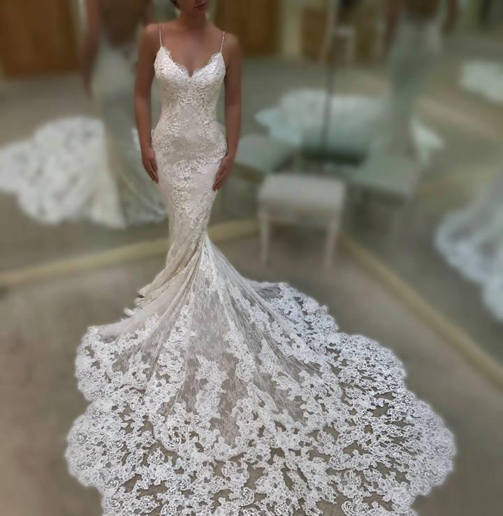 Cheap Long Mermaid Open Back Wedding Dress Spaghetti Straps Lace Garden Country Church Bride Bridal Gown Custom Made Plus Size