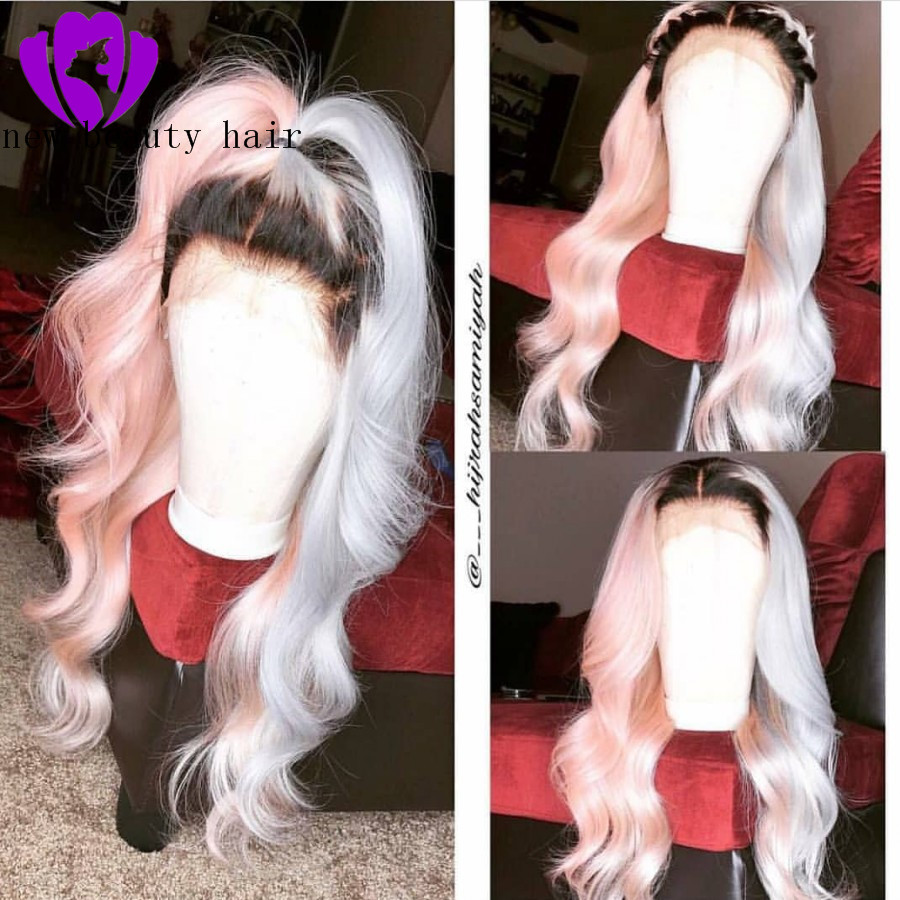 Free Part Heat Resisatnt Wig long Glueless Ombre Pink Lace Front Wig 180% Density Body Wave Synthetic Wigs For Black Women