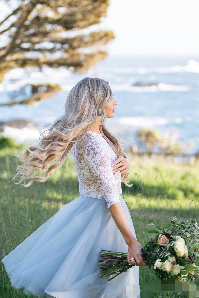 Blue Two Light Piece Homecoming Dresses Jewel Neck White Lace Long Sleeves Tulle A Line Knee Length Prom Party Ball Gown Custom Made