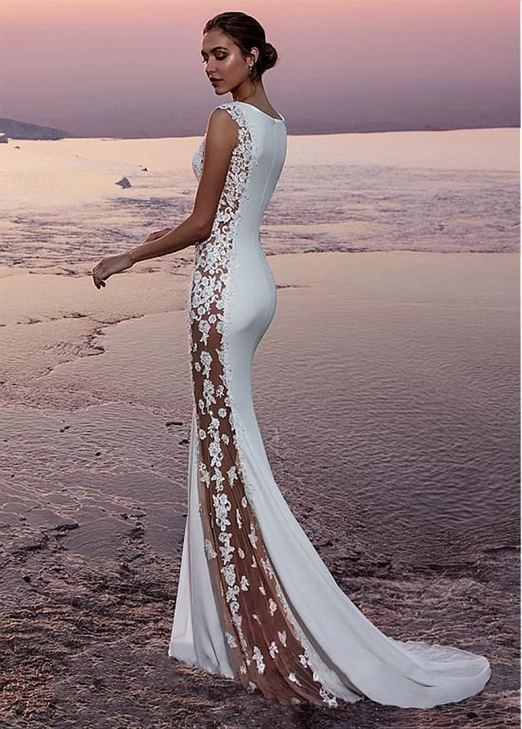 Summer White Bohemian Beach Mermaid Wedding Dresses 2023 Lace Satin Jewel Lapel Bridal Gowns Sweep Train Length Mermaid Dress