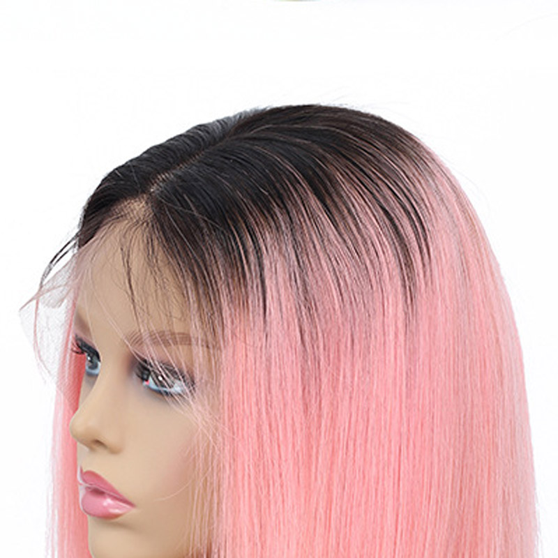 Indian Ombre Human Hair Silky Straight 1B/Grey 1B/Pink 13X4 Lace Front Wig 10-16Inch Short Bob Wigs