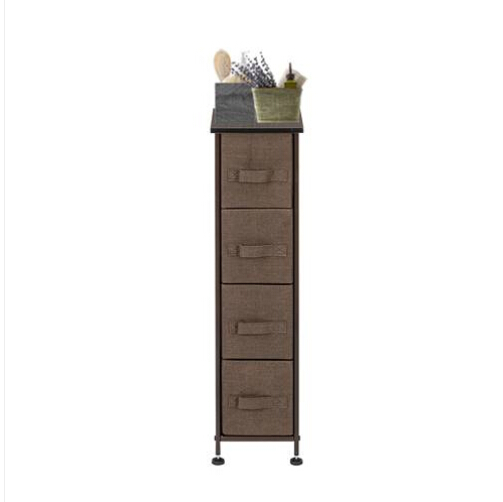 Brown Narrow Dresser Vertical Storage Unit +4 Fabric Drawers Slim Storage Tower