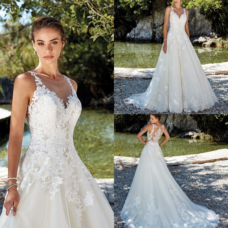 Bohemian Lace Wedding Dresses Eddy K 2019 Sheer Jewel Neck Applique Tulle Sweep Train Boho Beach Wedding Dress Bridal Gowns vestido de novia