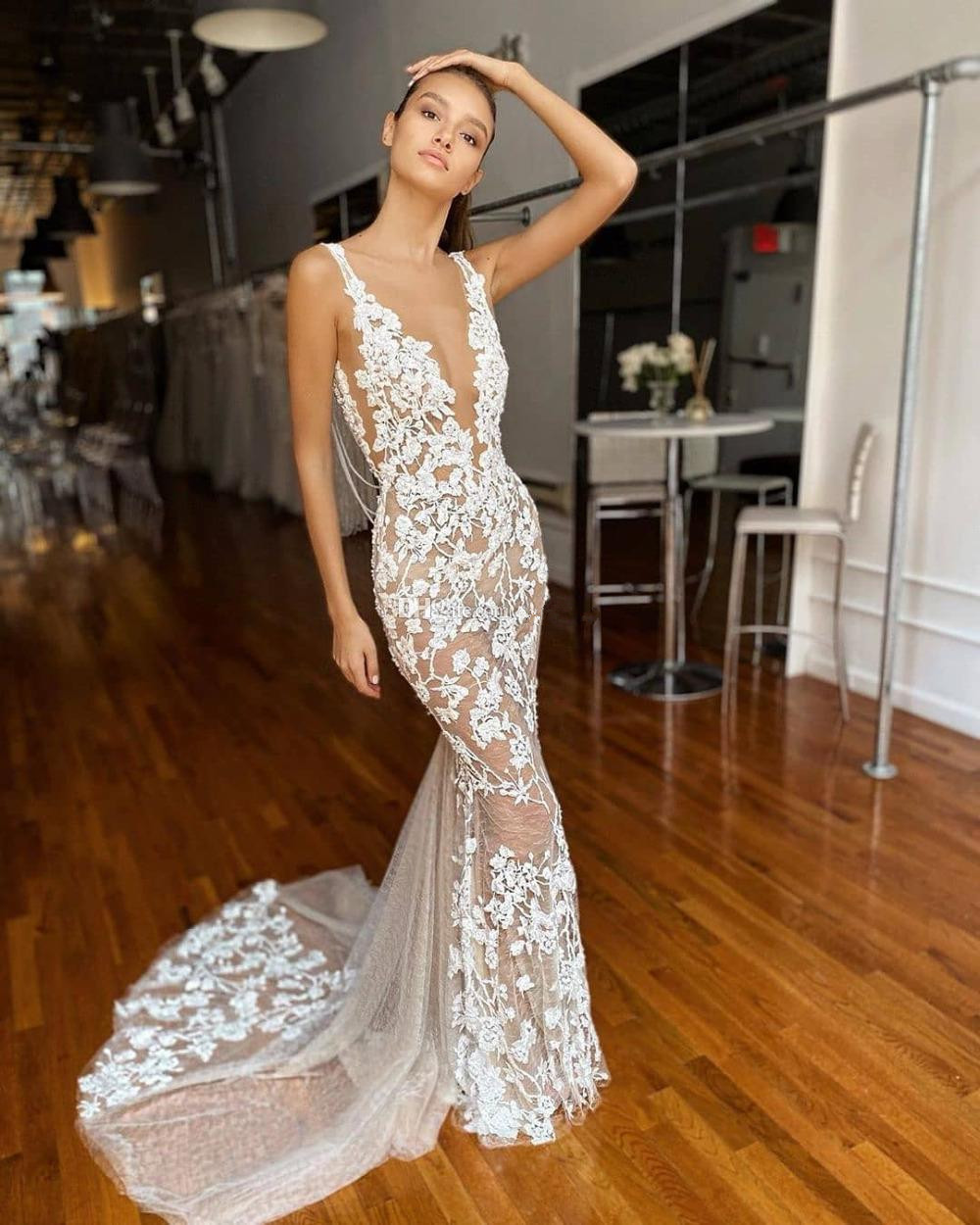 berta mermaid wedding dresses deep v neck lace appliqued beach boho wedding gown custom made bridal dress robe de marie