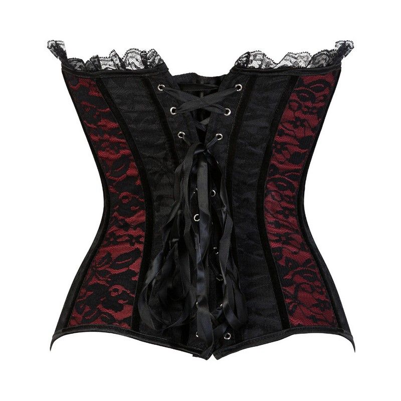 Lace Black Corset Top Women Contrast Lace Ruffle & Overlay Dance Corset Top Plus Size S-6XL Lace-up Overbust Body Shaper Waist Train Corset